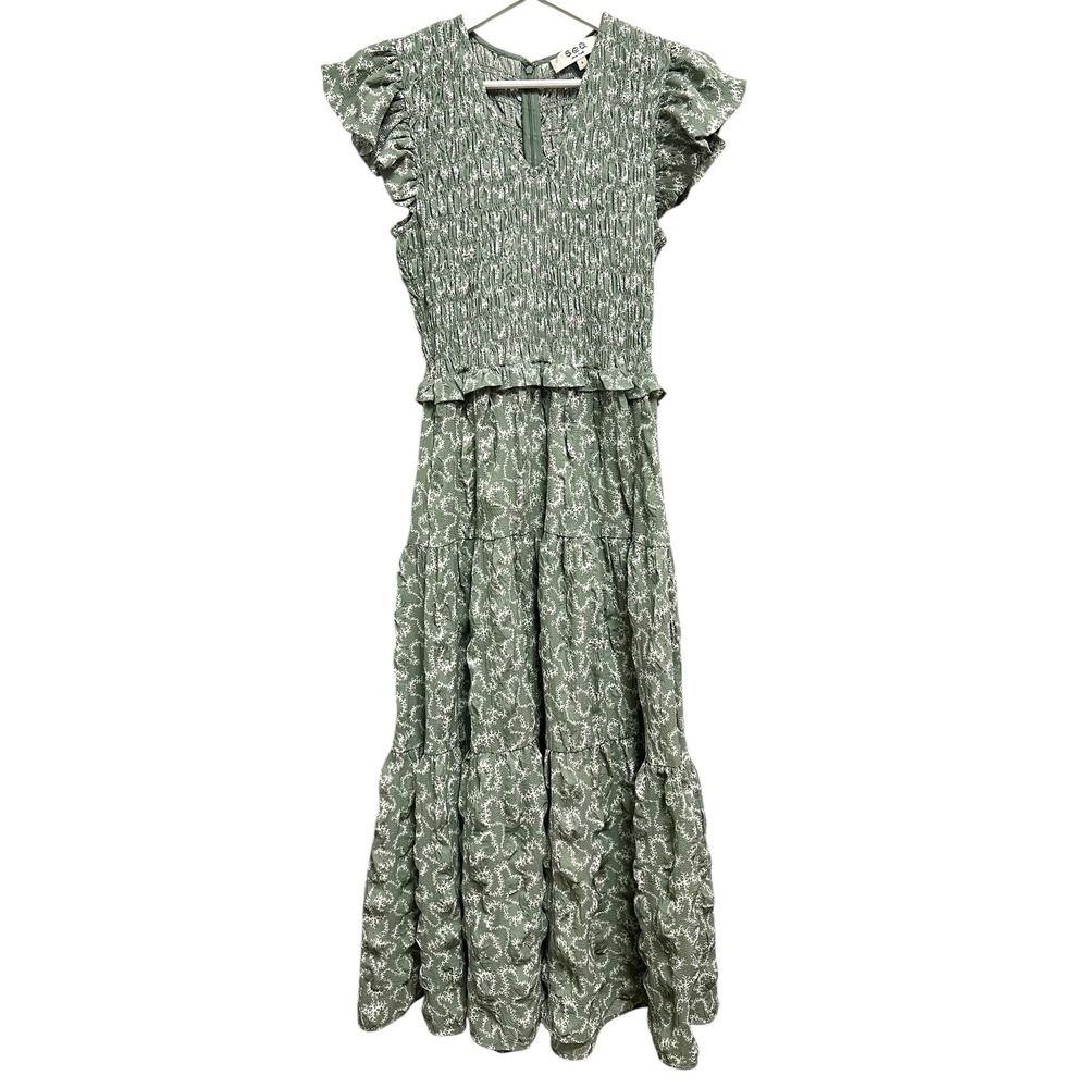 Sea New York Maxi‎ Dress Womens 0 Green Smocked Tiered Ruffle Botanical Print
